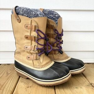 Sorel Joan of Arctic Knit Leather Waterproof Snow Winter Tan Boots Girls 4 4Y